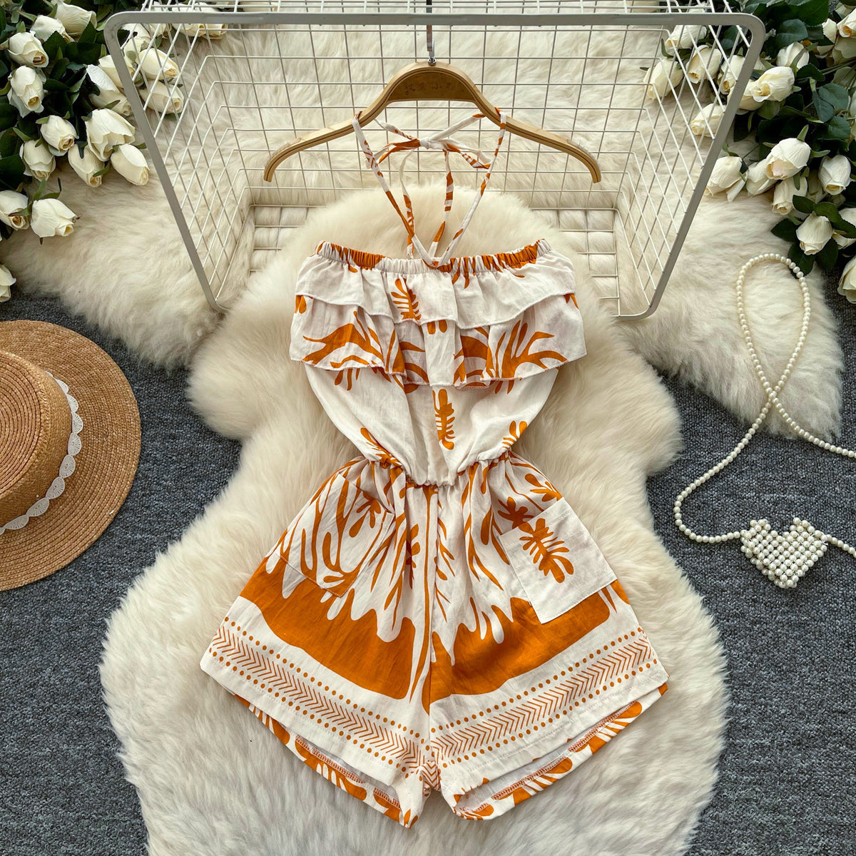 Sexy Backless Halter-Neck Printed Romper for Women