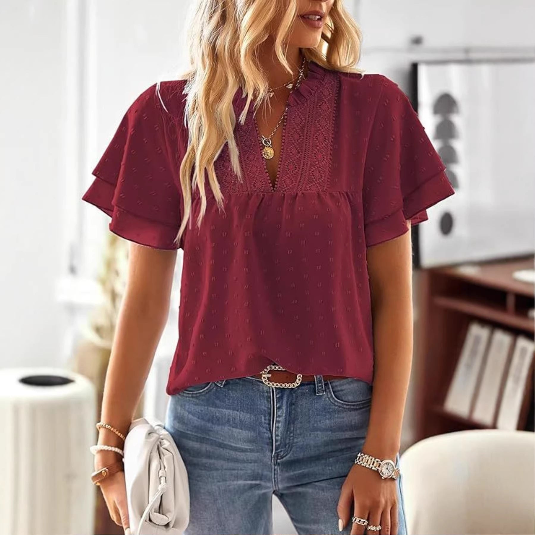 Elegant V-Lace Puff Sleeve Dress Shirt – Summer Resort Style