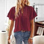 Elegant V-Lace Puff Sleeve Dress Shirt – Summer Resort Style
