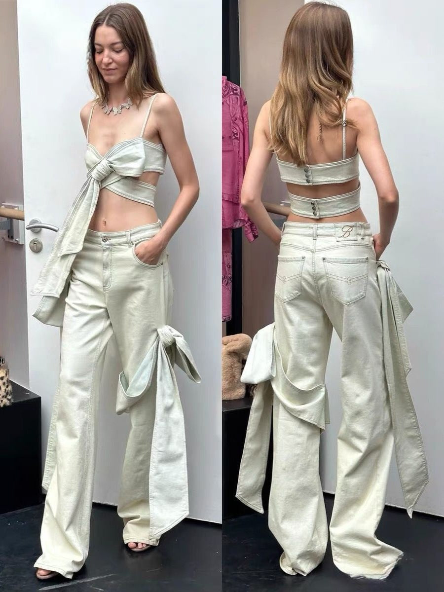 Sexy Bow Tie Denim Crop Top & Ultra Short Set