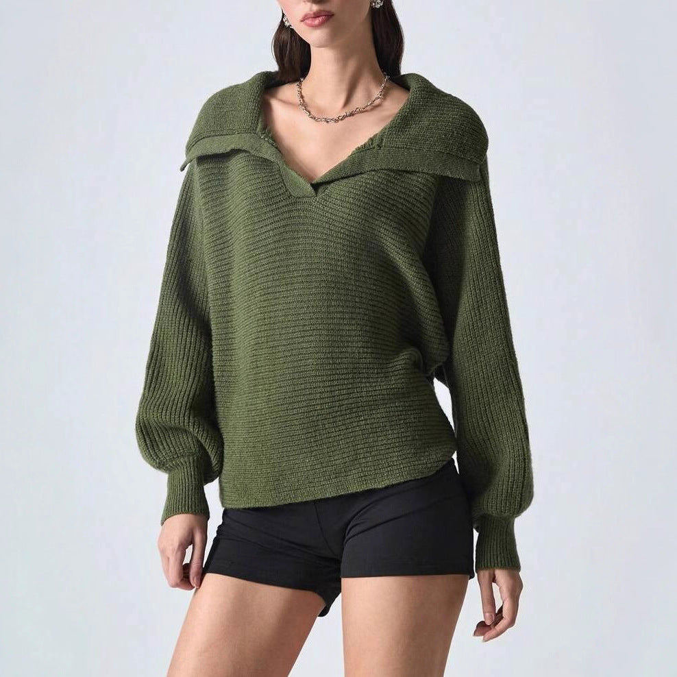 Elegant Polo Collar Solid Color Long Sleeve Knitted Pullover Sweater