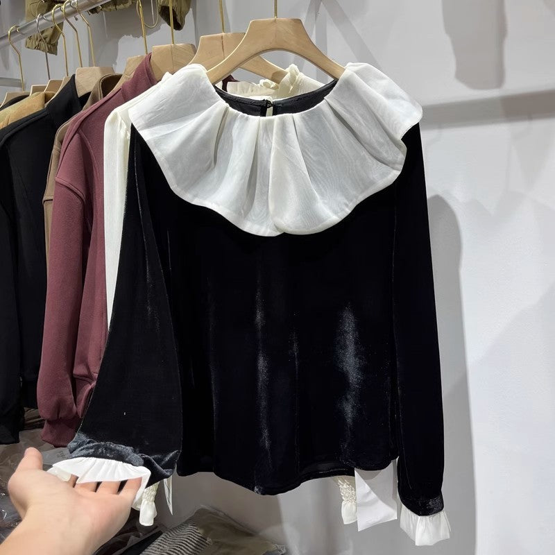 Lotus-Leaf Collar Patchwork Gold Velvet Shirt For Women