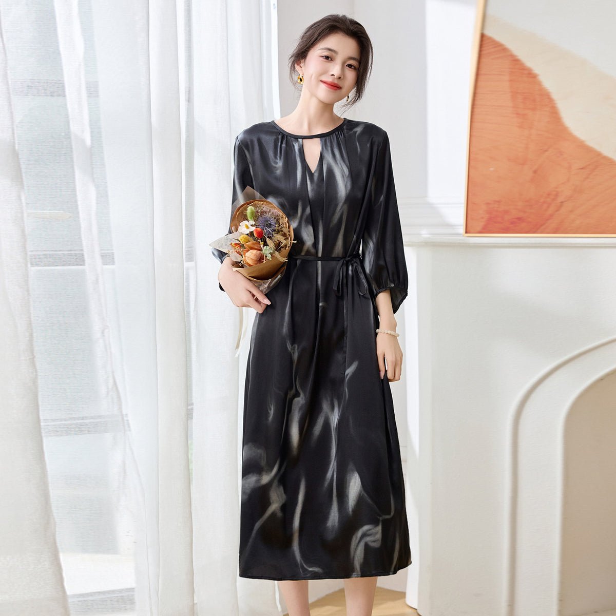 Silk A-Line Three-Quarter Sleeve Printed Midi Dress