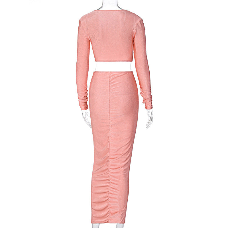 European And American Sexy Fashion Suit New Long-Sleeved V-Neck Blouse Hip Slim Skirt