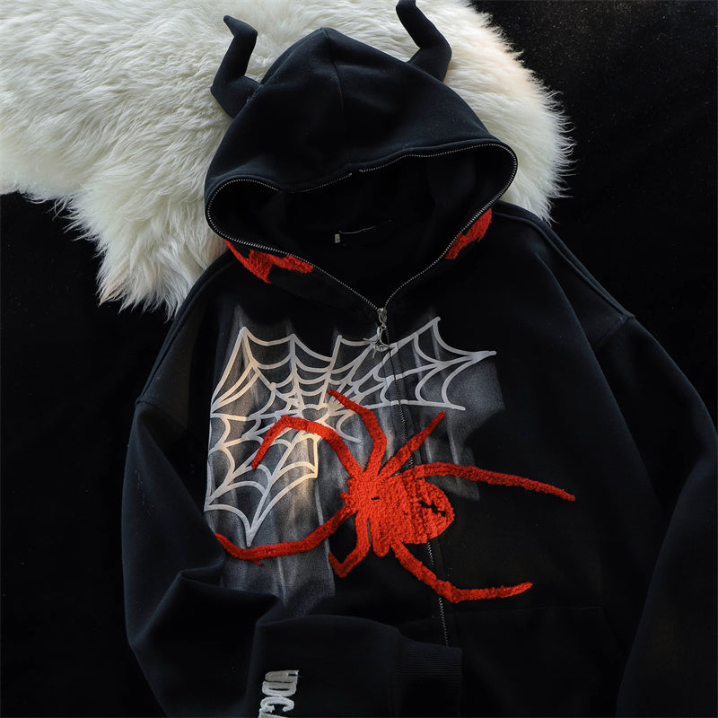 Women's Spider Print Zip-Up Hoodie Jacket