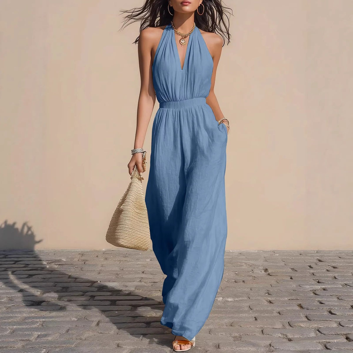 Women's V-Neck Halter Wide-Leg Casual Jumpsuit