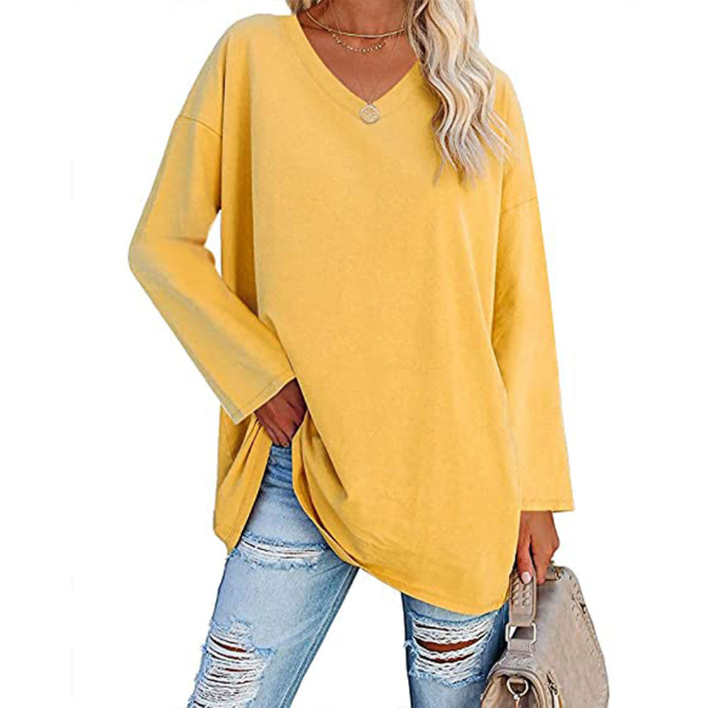 Oversized V-Neck Drop-Shoulder Casual Cotton T-Shirt