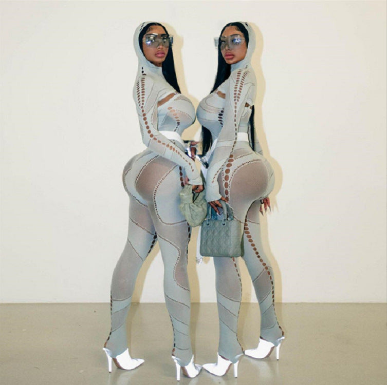 Sexy Lace Hollow-Out Hooded Romper & High-Waist Tights