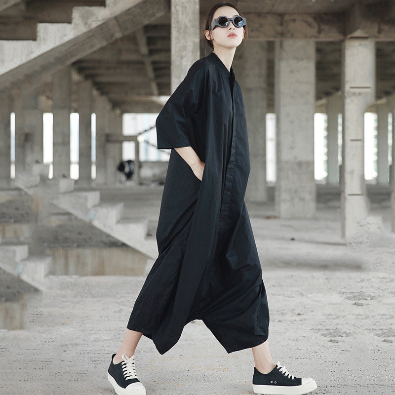 Simple Single-breasted Black Jumpsuit Women's Loose Batwing Sleeve Trousers