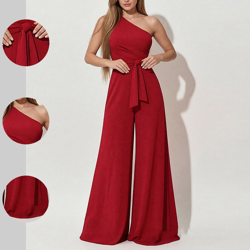 Solid Color Straight-leg Pants Strapless Lace-up Jumpsuit For Women
