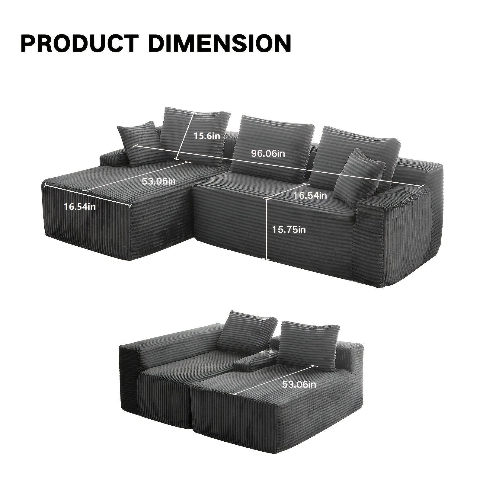Left chaise L-shaped sectional sofa with memory foam cushions and corduroy upholstery
