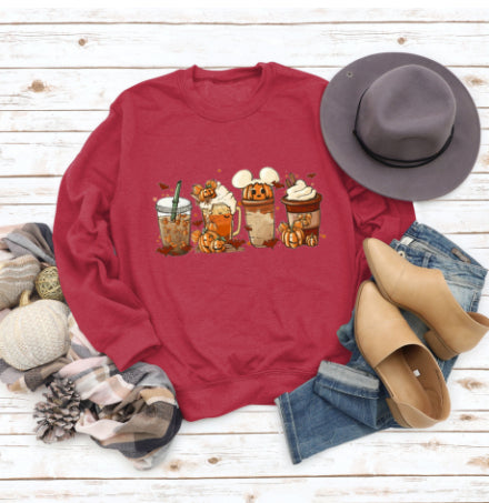 Cozy Floral Print Round Neck Christmas Latte Sweater