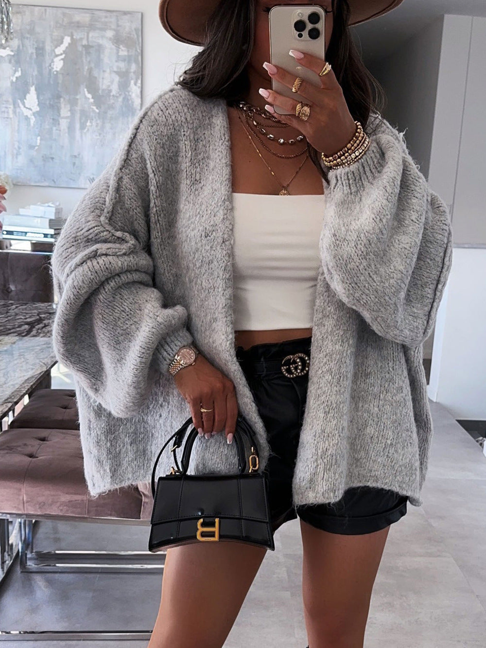 Casual Loose Solid Color Mid-length Knitted Sweater for Women