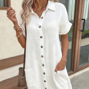 Cotton-linen Single-breasted Loose-fit Short-sleeve Cardigan Dress