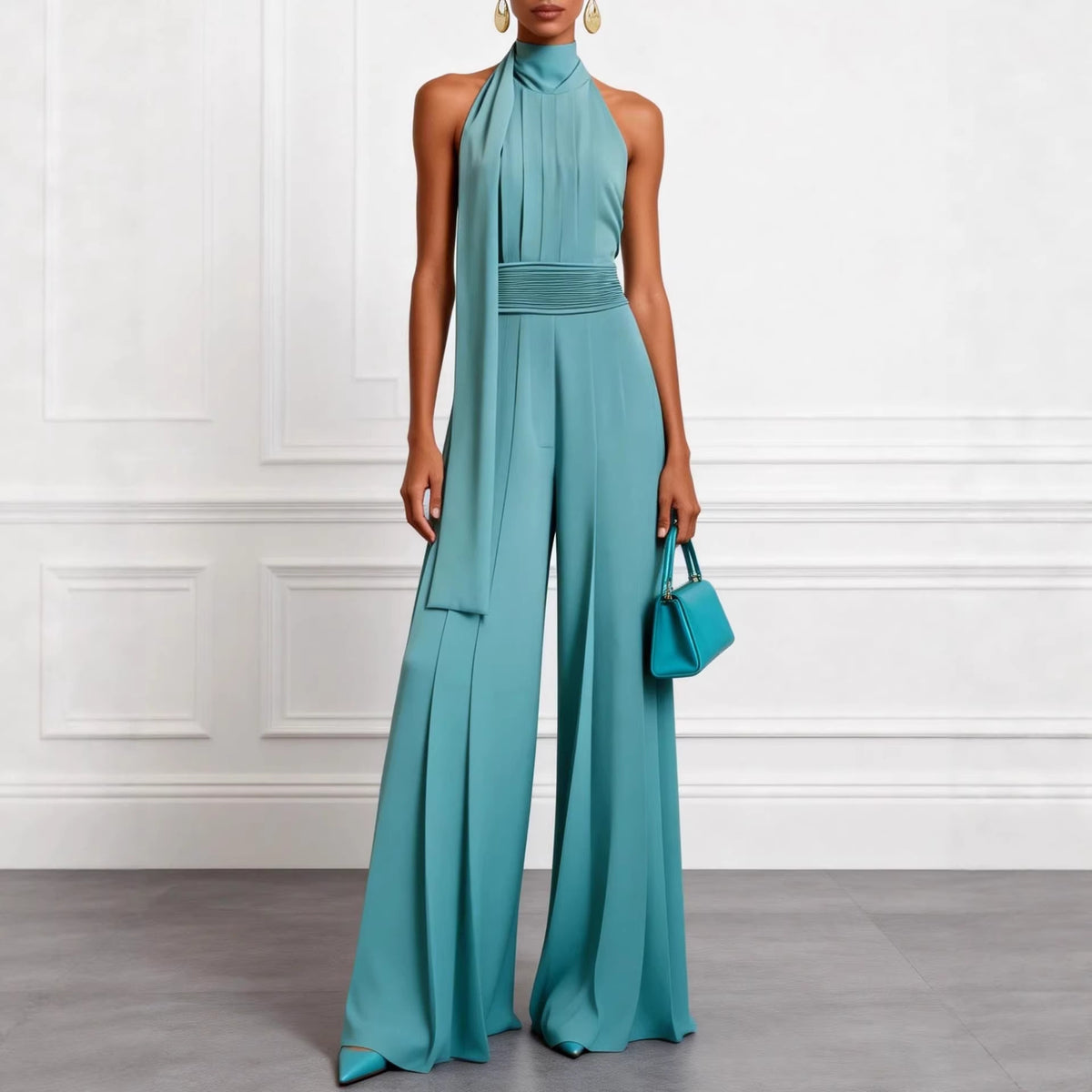 Elegant Solid Halter Sleeveless Jumpsuit