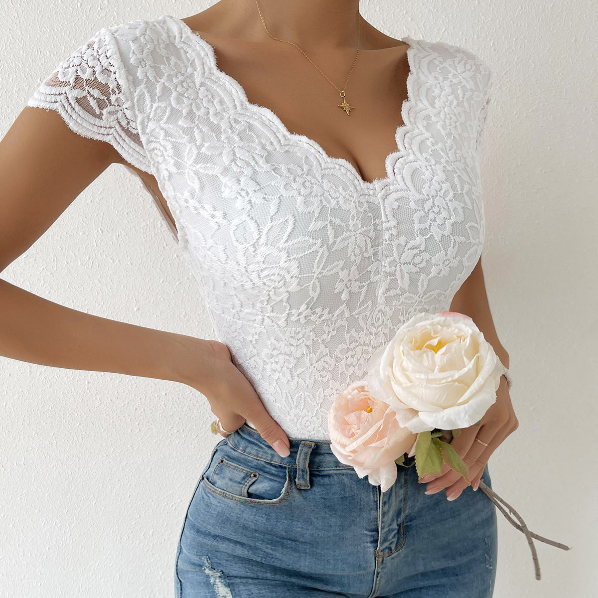 Women's Fashion Solid Color Lace Jumpsuit