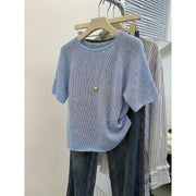 Womens Sequined Crew-neck Short-sleeve Solid-color Top