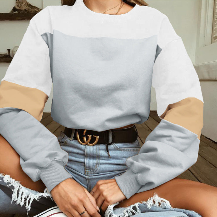 Cozy Patchwork Round Neck Lace-Up Sweater