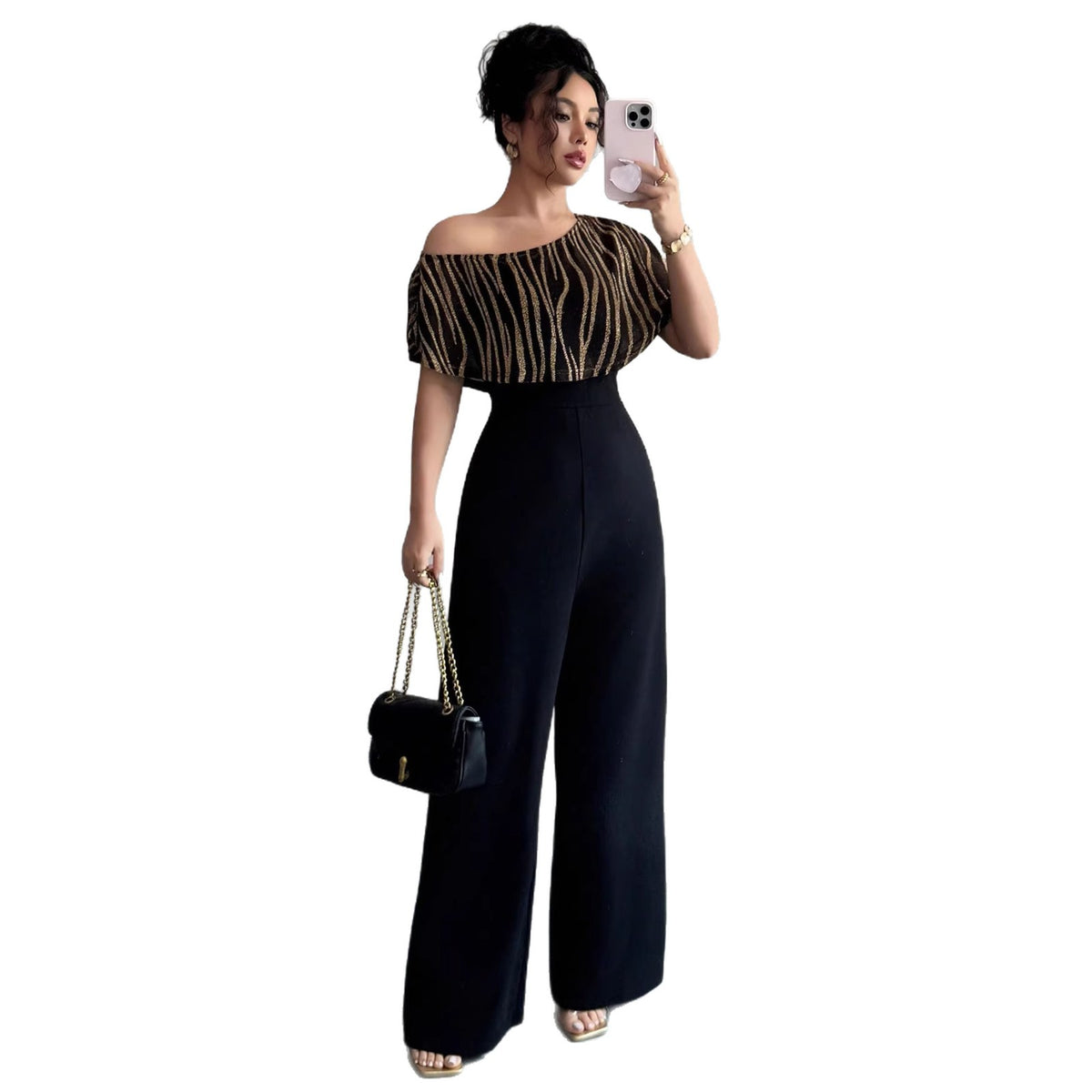 Elegant Geometric Print Slant Neck Ruffle Sleeve Jumpsuit