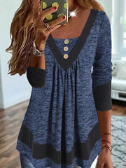 Casual V-neck Long Sleeve Loose Pullover Contrast Color Digital Printing T-shirt