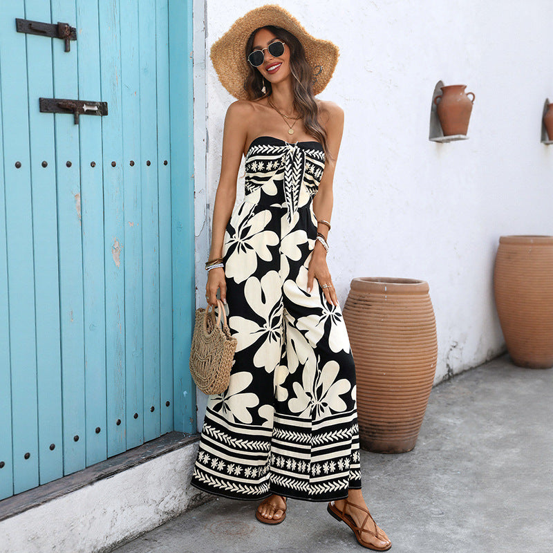 Floral Print Backless Wide-Leg Bandeau Jumpsuit