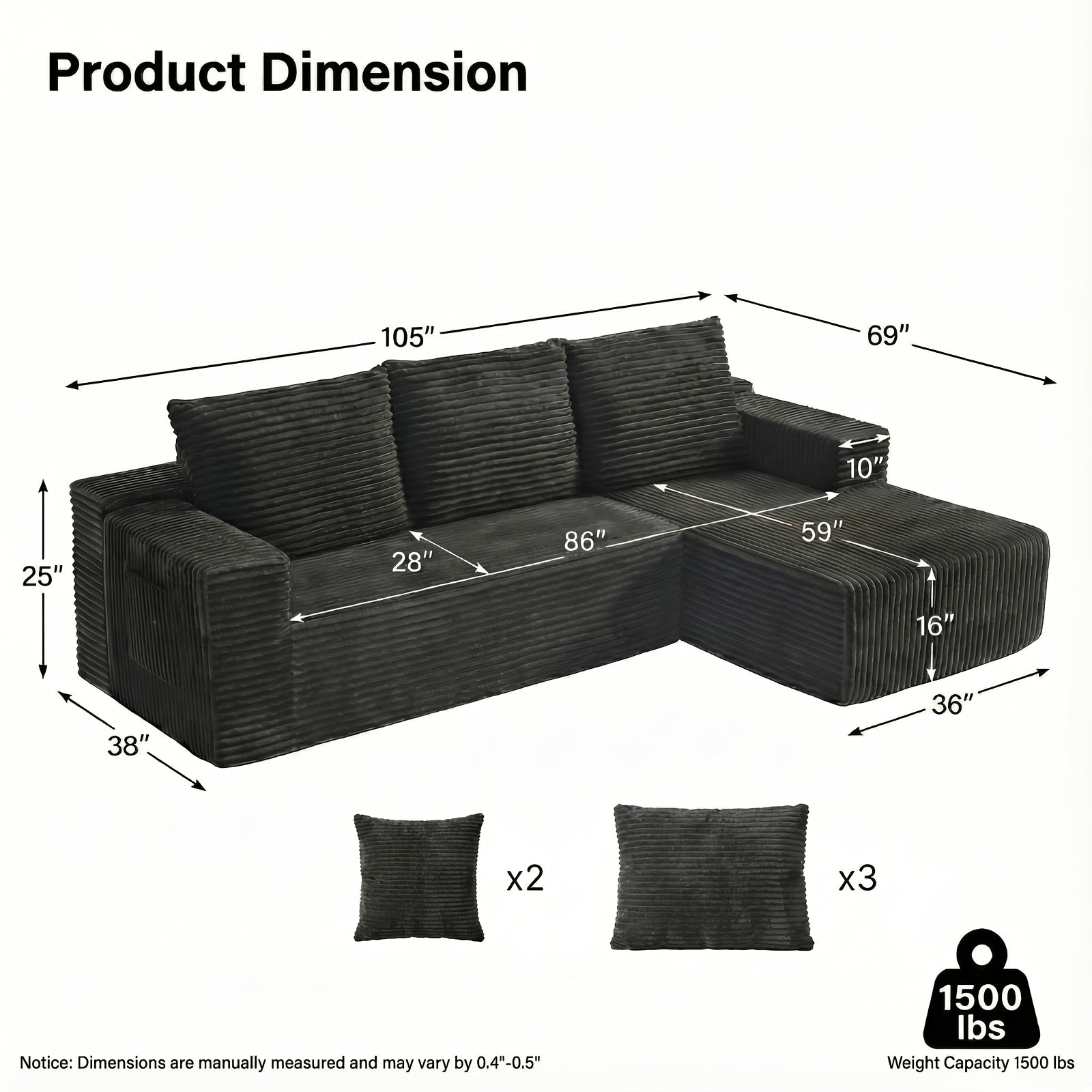 Modular L-shaped chaise longue sofa bed with deep seat and corduroy upholstery