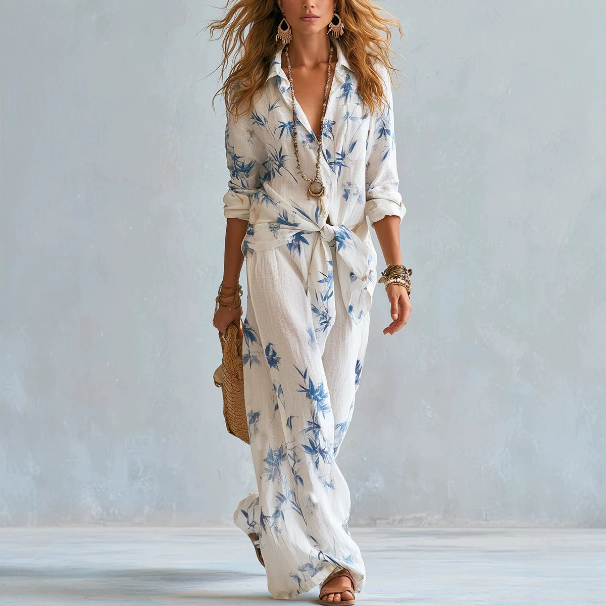 Bohemian Style Belted Resort Style Shirt and Wide Leg Pants Set for Women