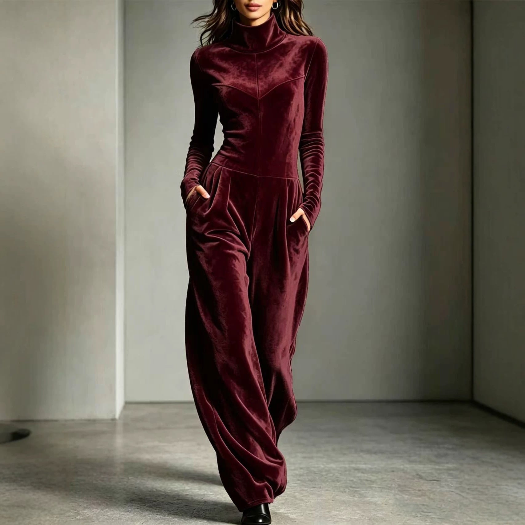 Women's Casual Turtleneck Long-Sleeve Solid Jumpsuit
