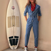 Washed Denim Utility Jumpsuit with Pockets