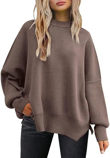 Thick Needle Side Slit Sweater Round Neck Loose Solid Color Batwing Long Sleeve Sweater for Women