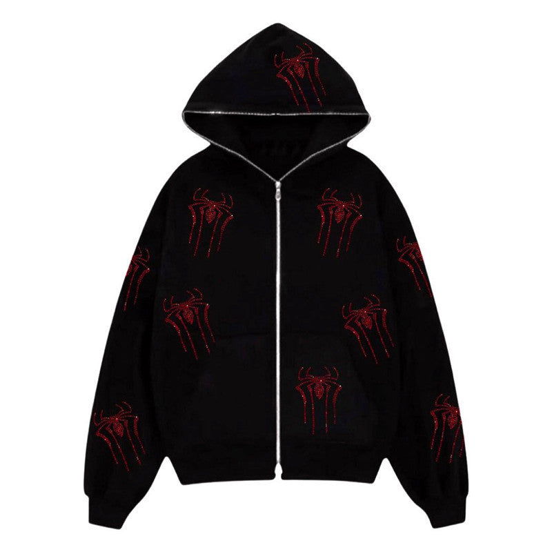 Rhinestone Spider Zip-Up Cardigan Jacket