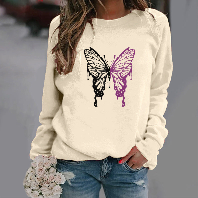 Butterfly Print Sports Pullover Round Neck Sweater