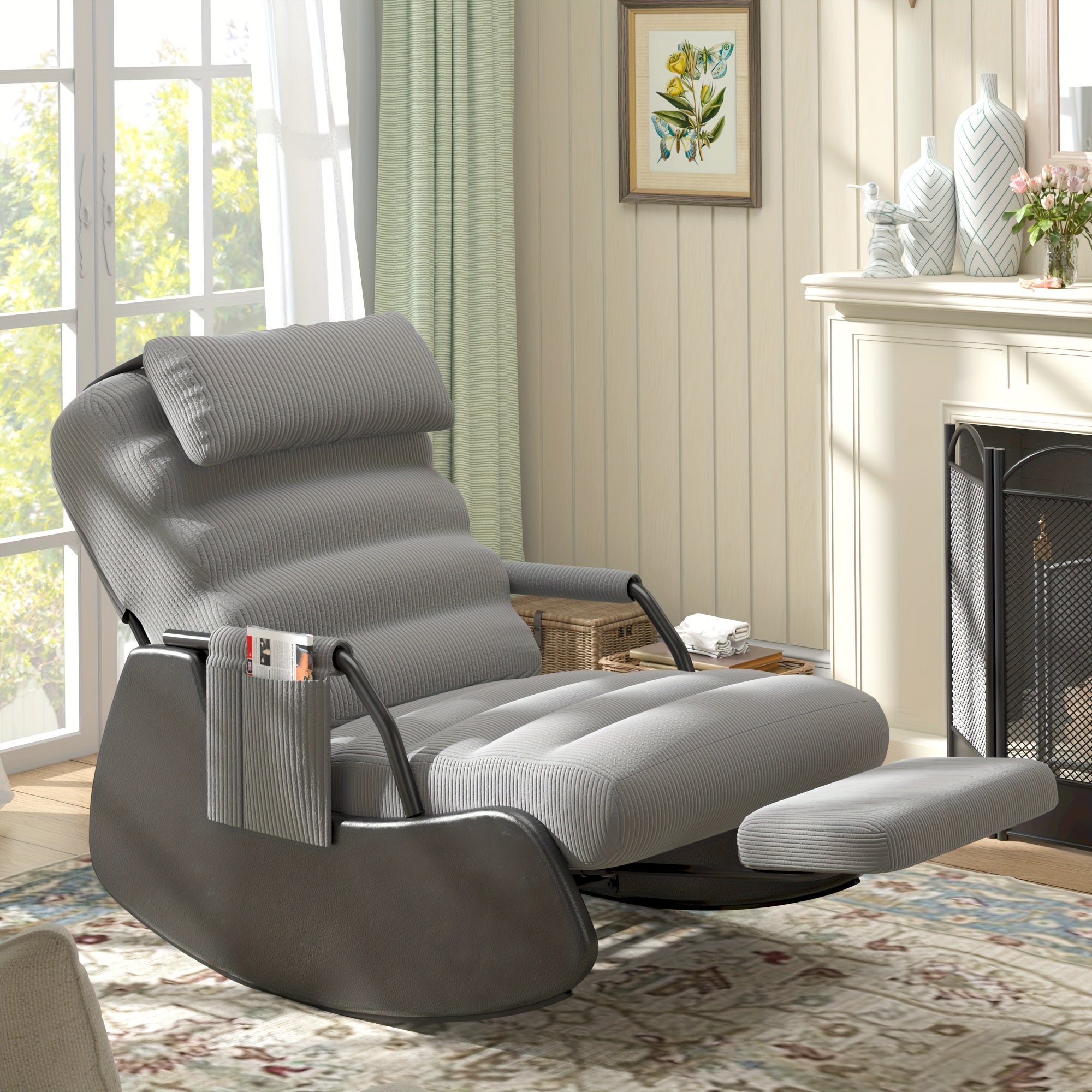 Nursery Glider Rocking Chair with Soft Cushioned Seat and Headrest, Corduroy Upholstery, Manual Rocker, Side Pocket – Dark Grey/Black