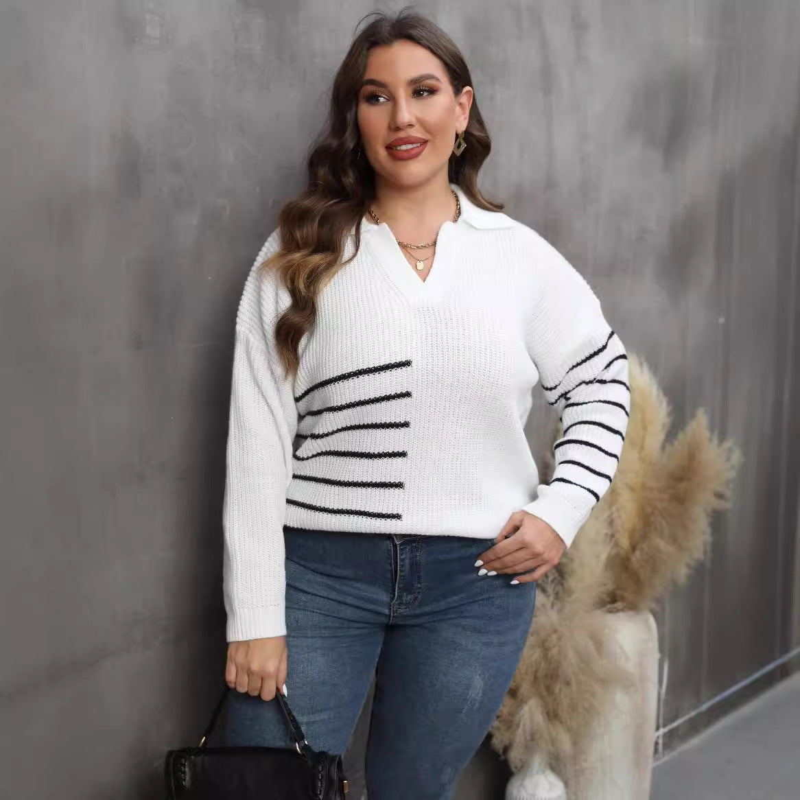 Pullover Plus Size Women's Color Contrast Patchwork Striped Polo Collar Sweater