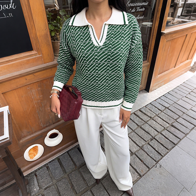 Color-block Polo-collar Loose-fitting Sweater with a Half-placket