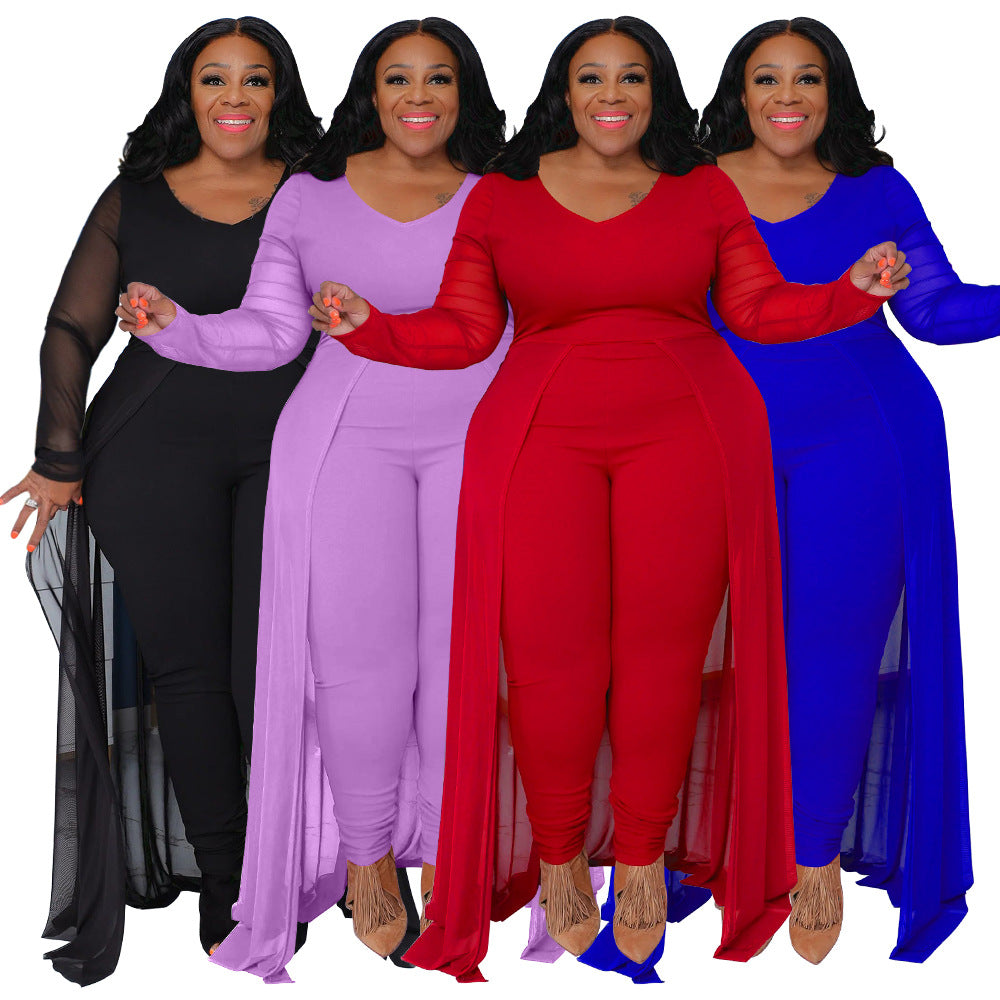 Women's Plus Size Stretch Long Sleeve Pocket Jumpsuit