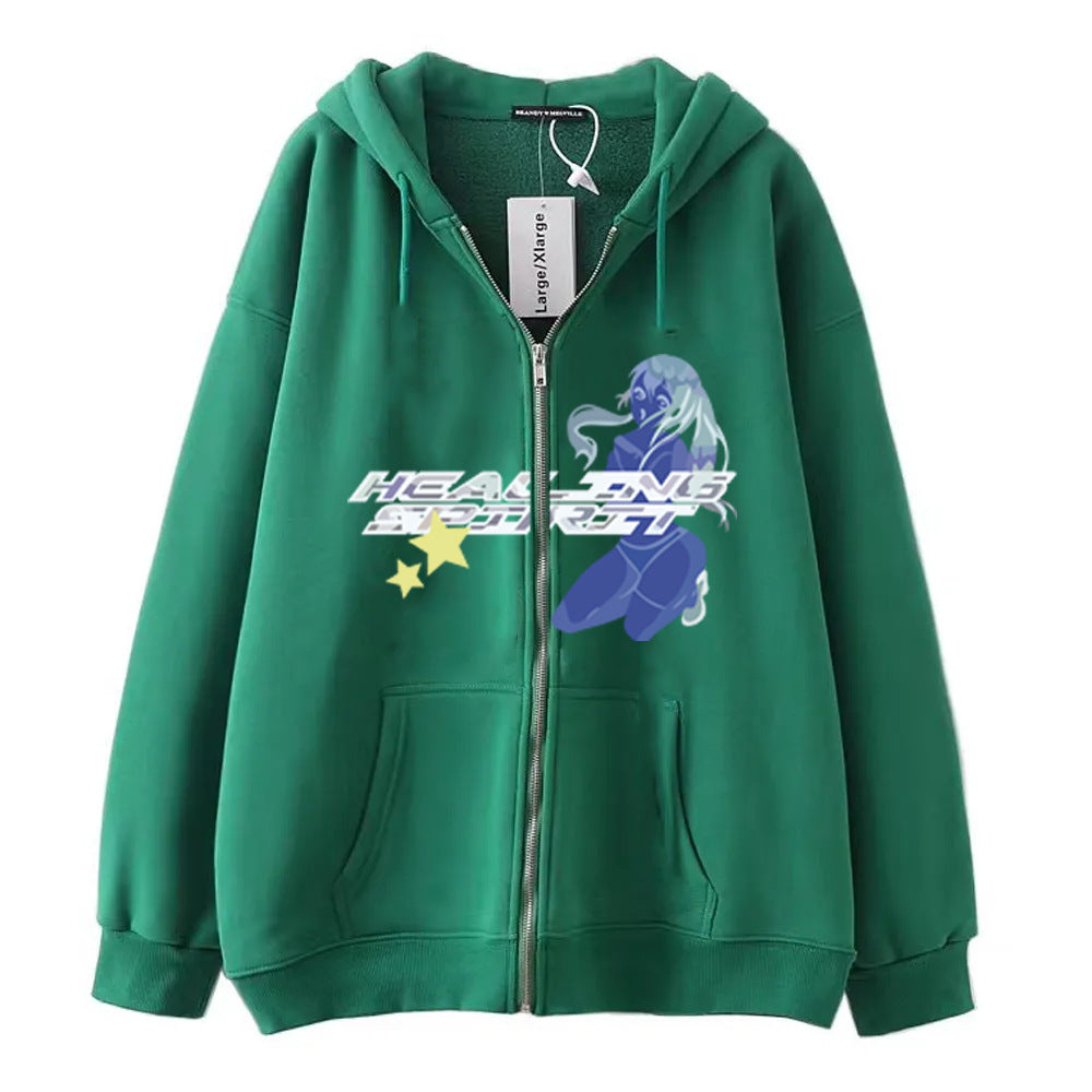 Butterfly Print Zip-Up Casual Hoodie