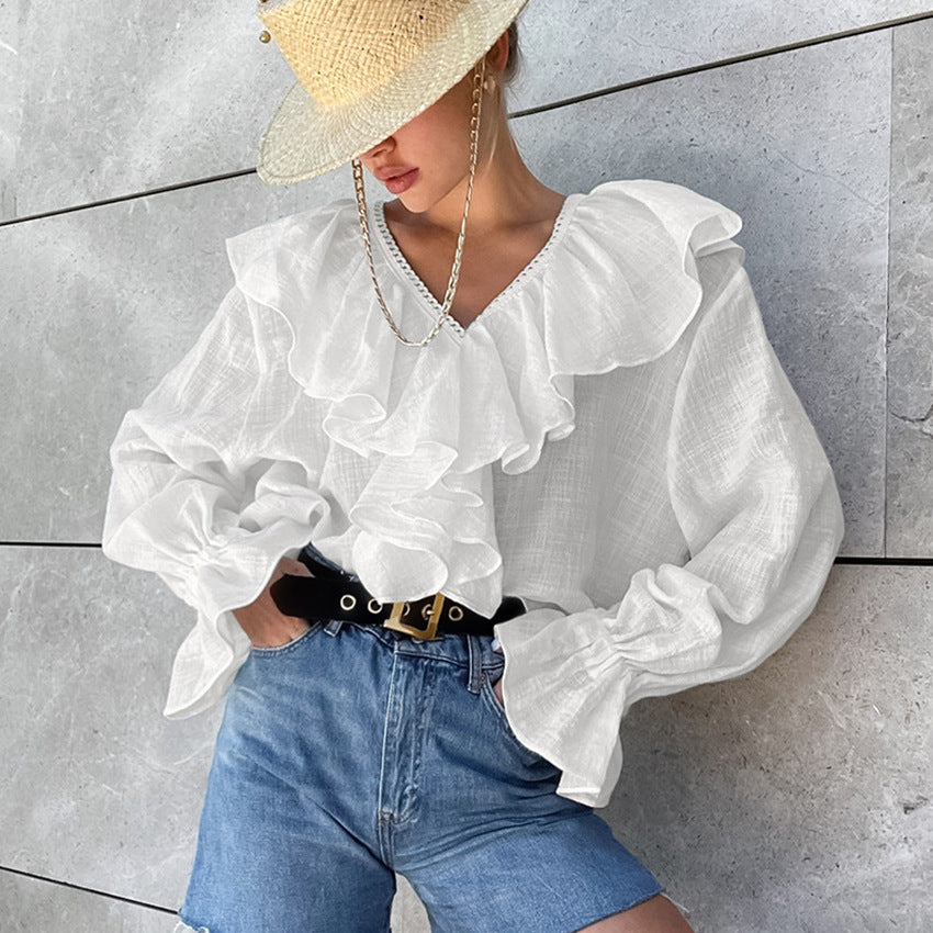 Elegant French V-Neck Ruffled Cotton Pullover – Effortless Chic