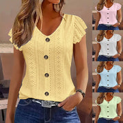 V‑Neck Button‑Front Jacquard T‑Shirt – Soft Stretch Spandex, Loose Fit