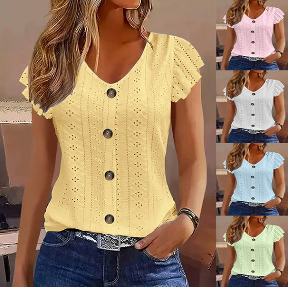 V‑Neck Button‑Front Jacquard T‑Shirt – Soft Stretch Spandex, Loose Fit