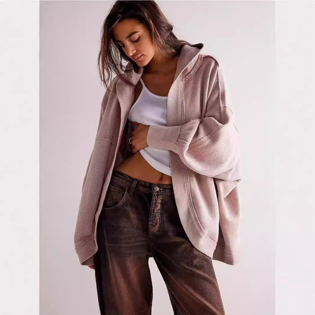 Retro Sport Hooded Cardigan Cotton Zip Sweatshirt