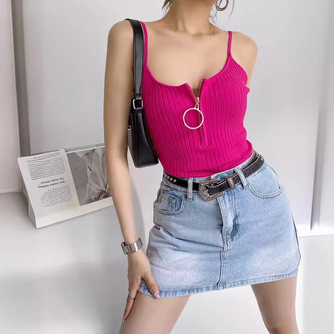 Ring Half Zipper Knitted Vest Women's Overall