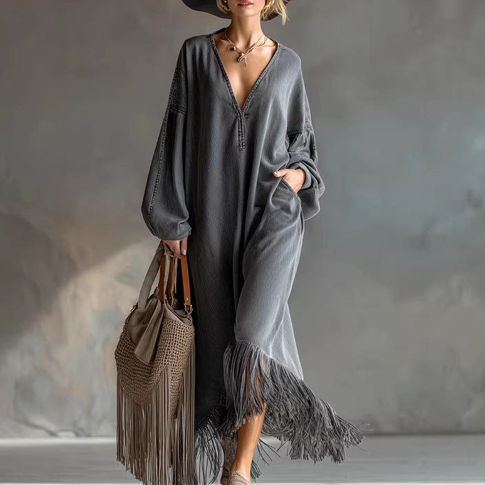 Gray Denim Long-sleeve Dress