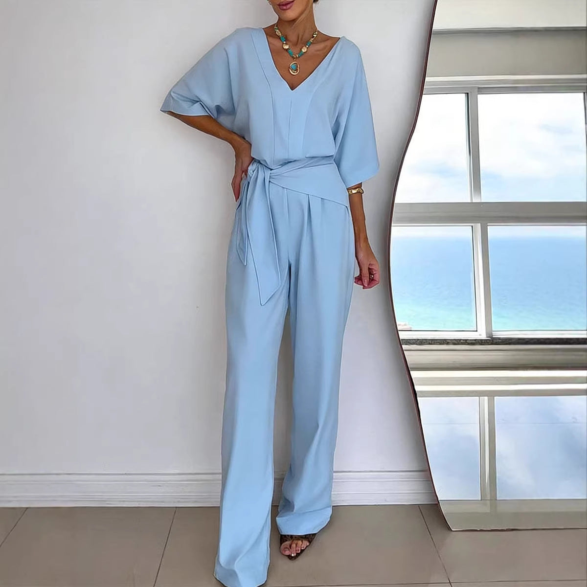 Womens V-neck Casual Mid-length Sleeve Belted Jumpsuit
