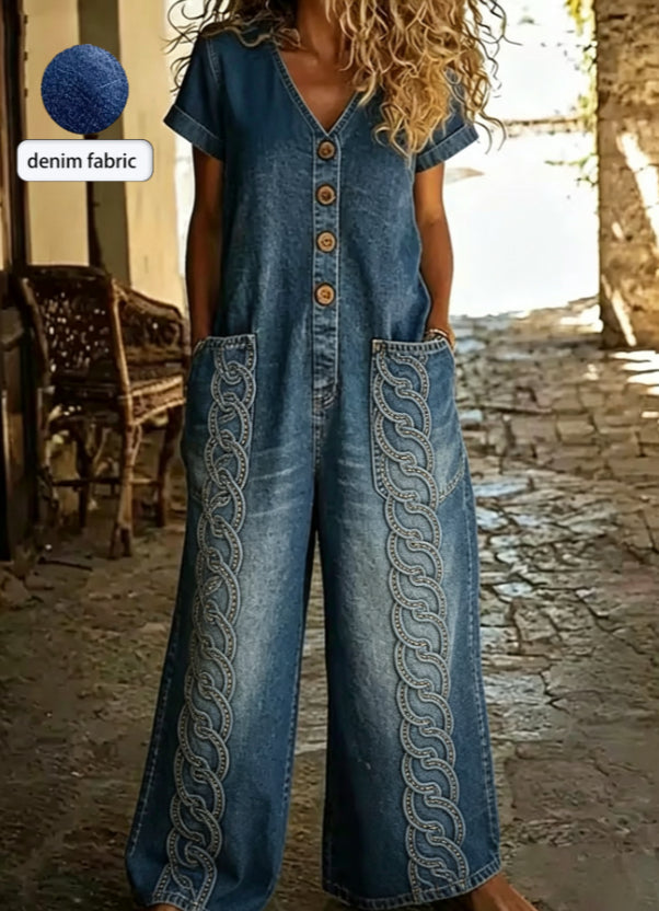 Casual Denim Short-Sleeve Wide-Leg Jumpsuit with Pockets