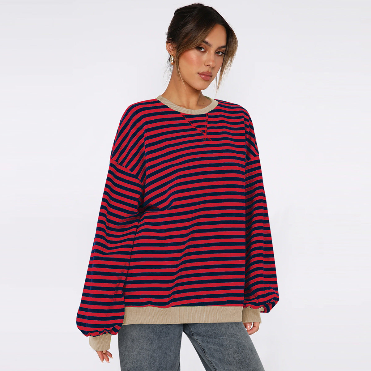 Chic Striped Bishop Sleeve Sweater for Women