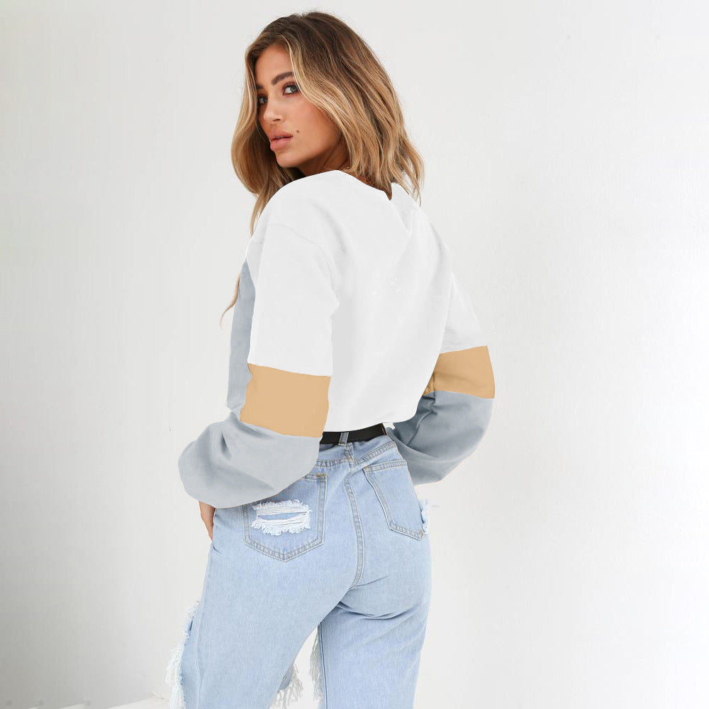 Cozy Patchwork Round Neck Lace-Up Sweater