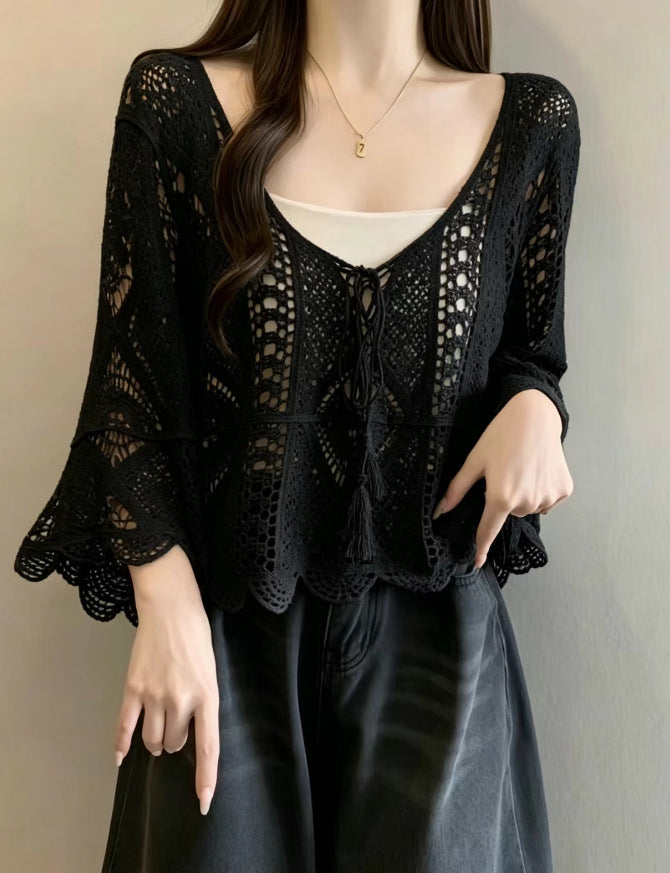 Bohemian Resort-style Crochet Hollow-out Knit Top Womens Solid-color Blouse