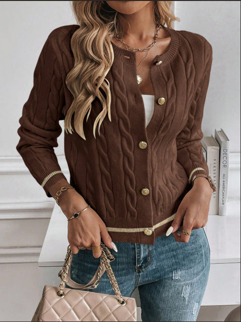 Solid-color Heavyweight Fallwinter Coat Coffee-colored Chanel-style Knitted Cardigan