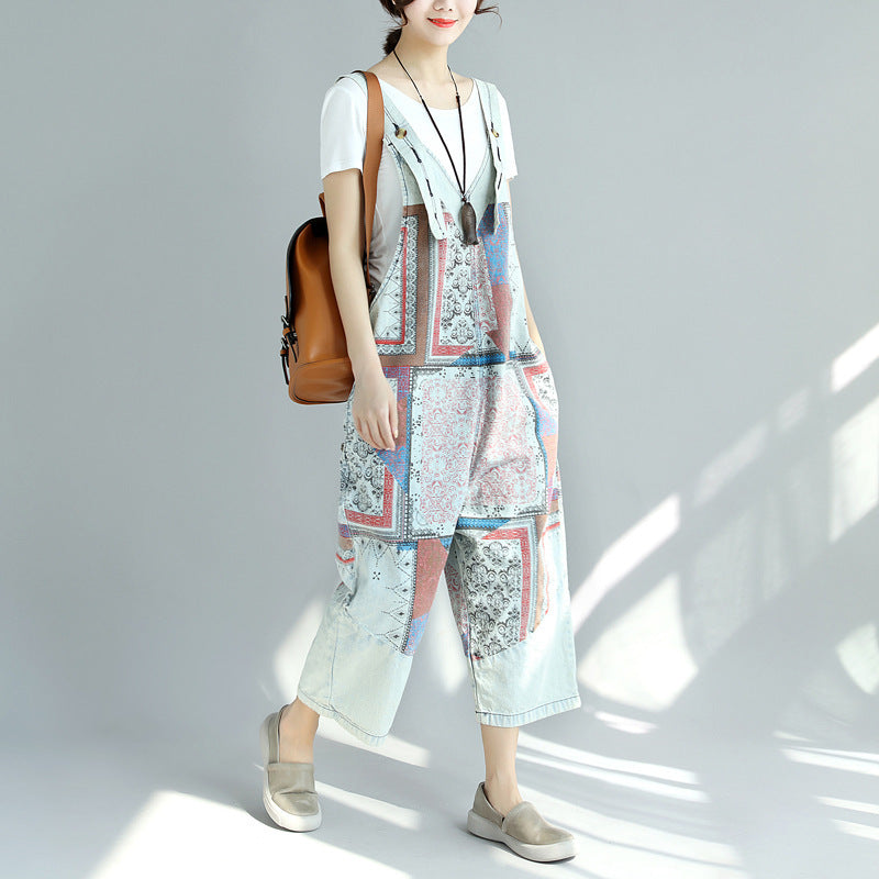 Printed Distressed Cropped Stitching Denim Suspender Pants